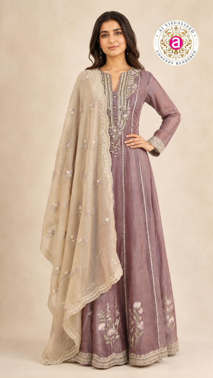 Dusty Mauve Embroidered Anarkali Suit Set with Floral Organza Dupatta