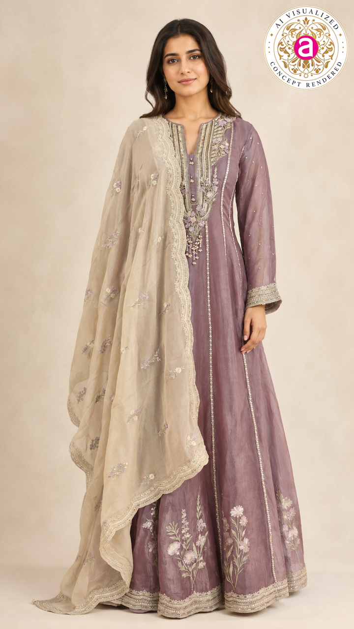 Dusty Mauve Embroidered Anarkali Suit Set with Floral Organza Dupatta