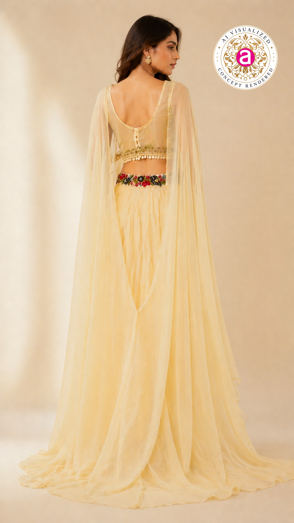 Ivory Floral Embroidered Indo-Western Cape Set with Draped Palazzo