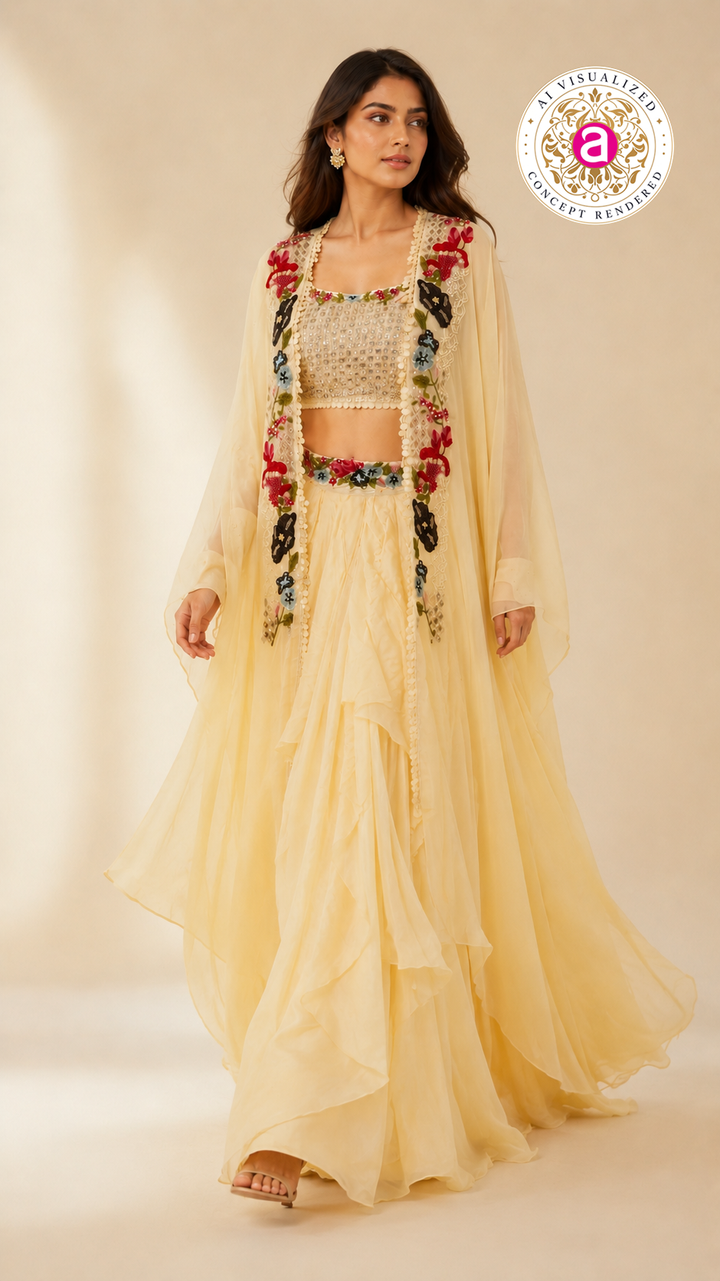 Ivory Floral Embroidered Indo-Western Cape Set with Draped Palazzo