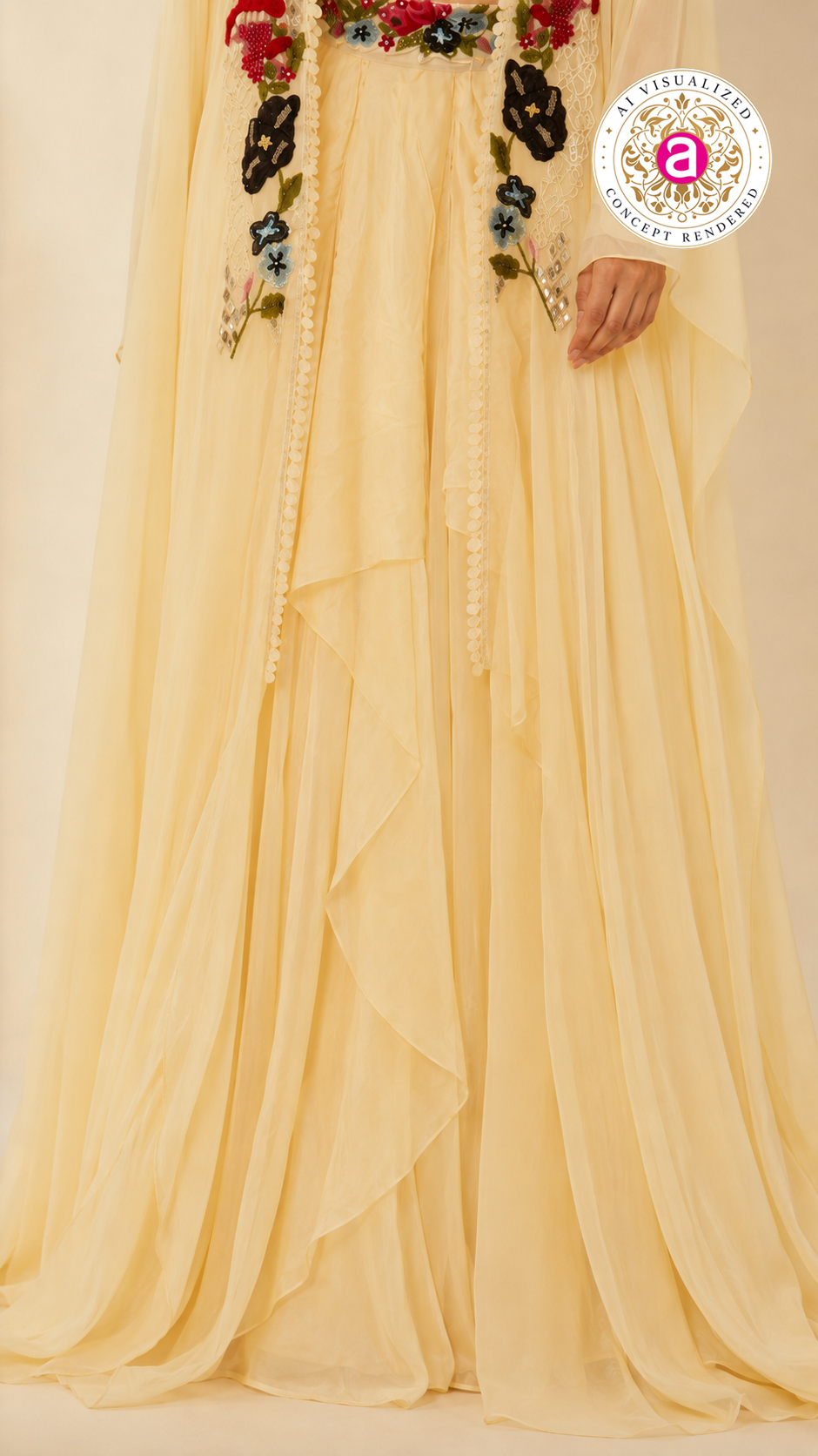 Ivory Floral Embroidered Indo-Western Cape Set with Draped Palazzo