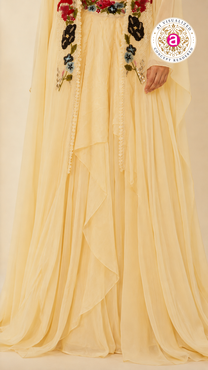 Ivory Floral Embroidered Indo-Western Cape Set with Draped Palazzo