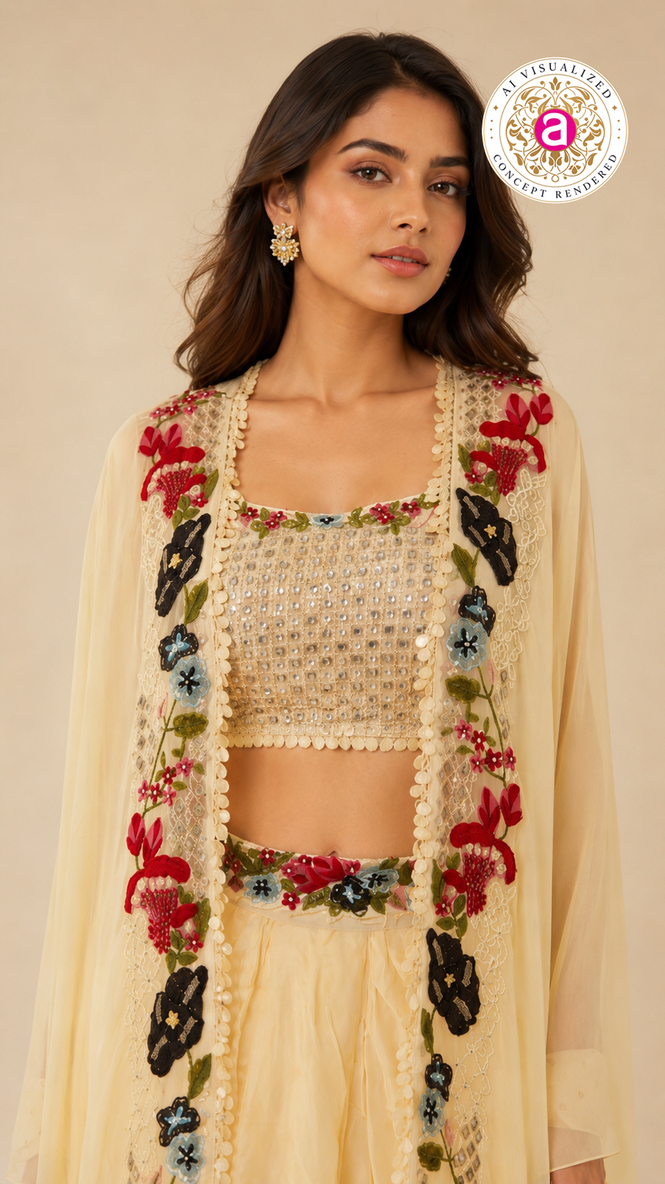 Ivory Floral Embroidered Indo-Western Cape Set with Draped Palazzo