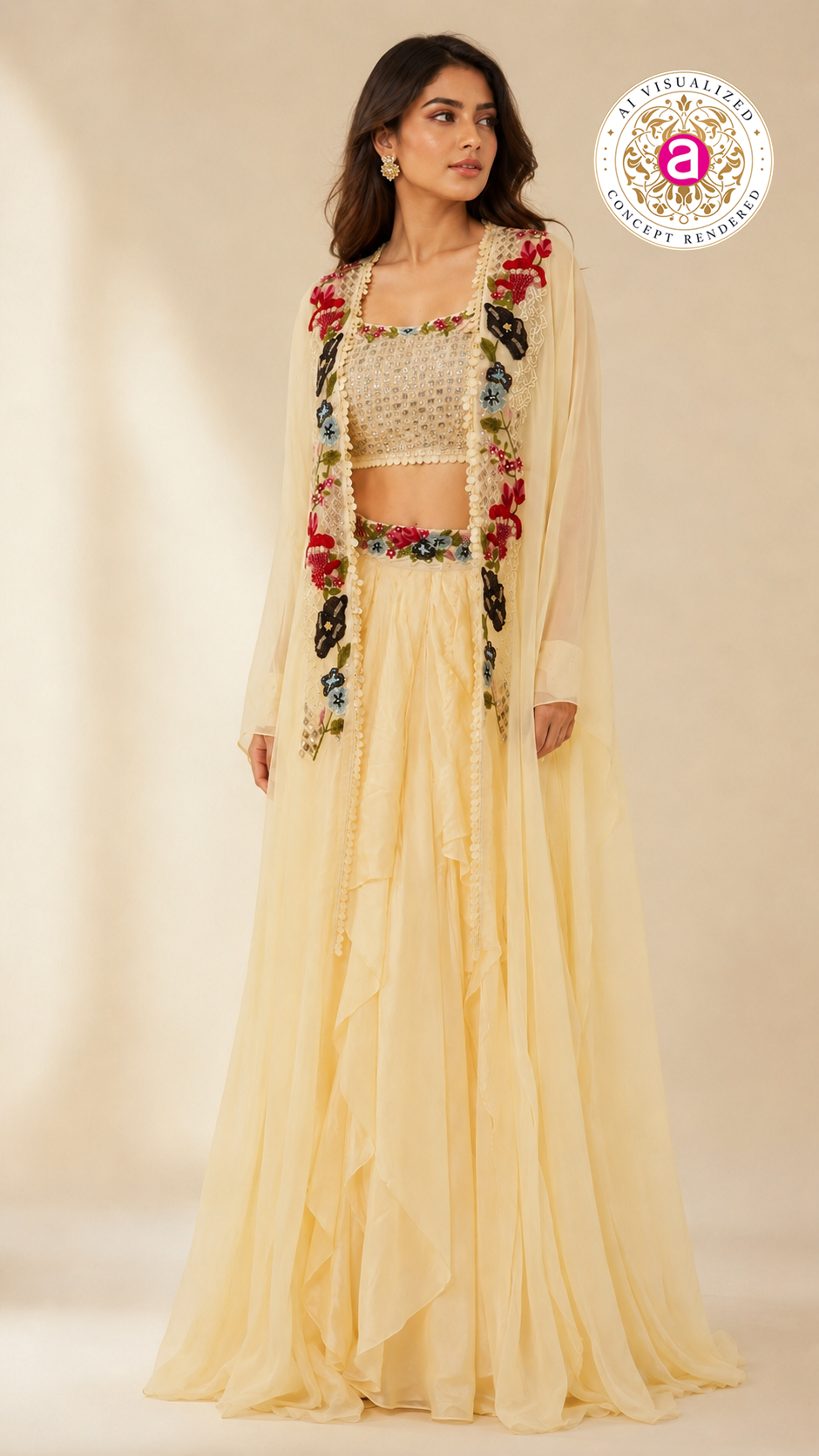 Ivory Floral Embroidered Indo-Western Cape Set with Draped Palazzo