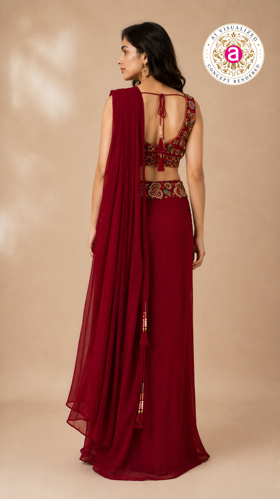 Ruby Red Embroidered Indo-Western Draped Saree Set