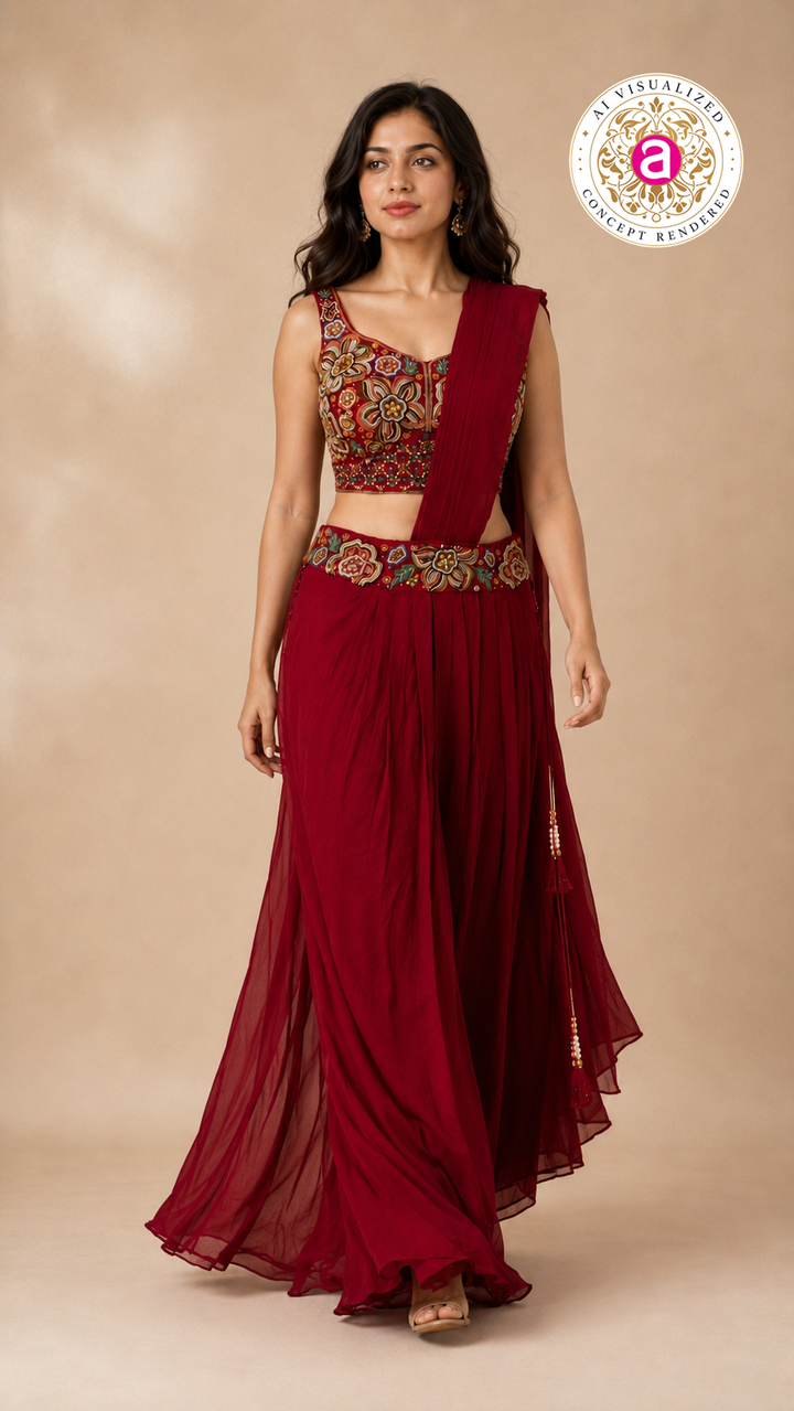 Ruby Red Embroidered Indo-Western Draped Saree Set