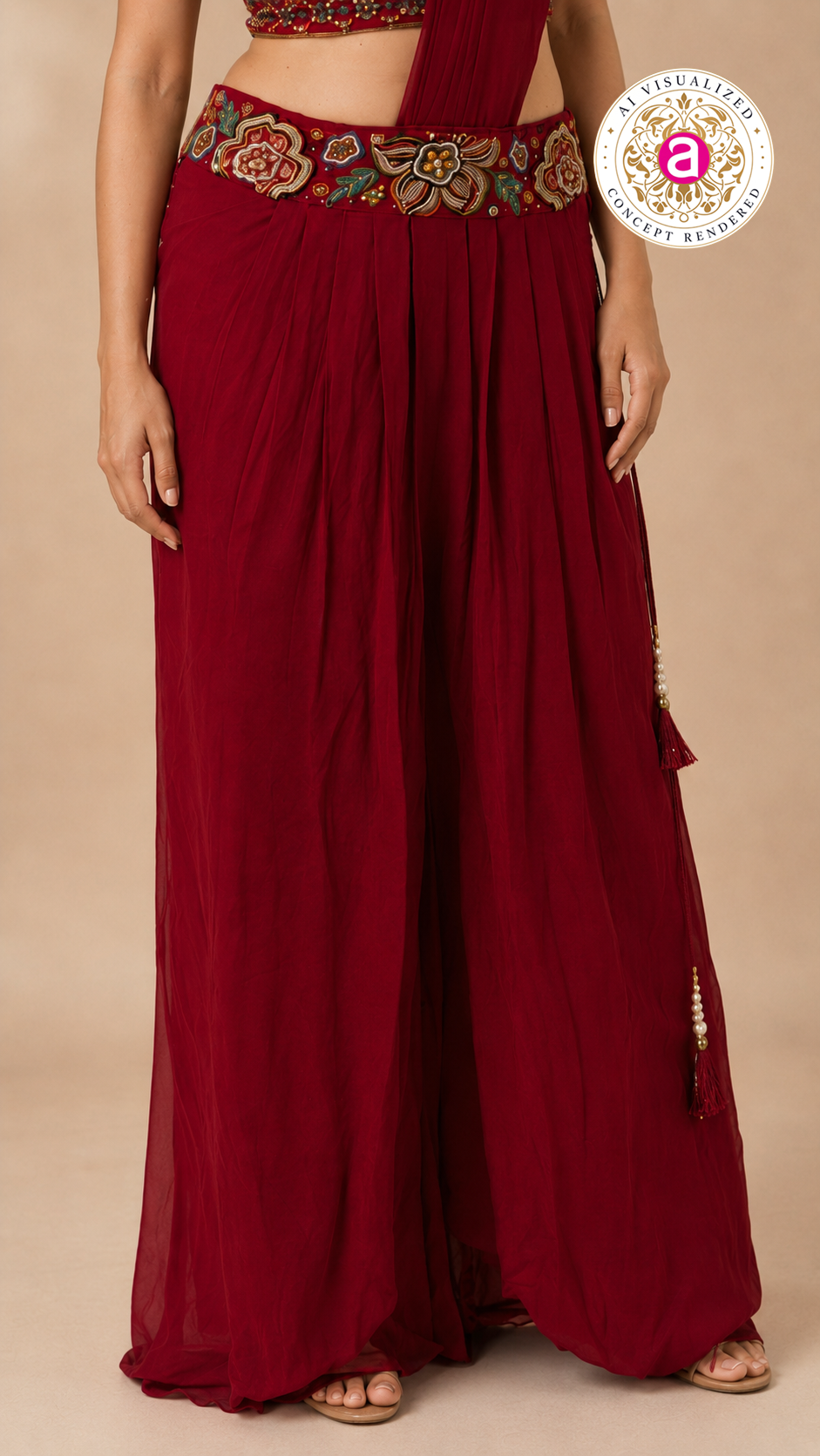 Ruby Red Embroidered Indo-Western Draped Saree Set