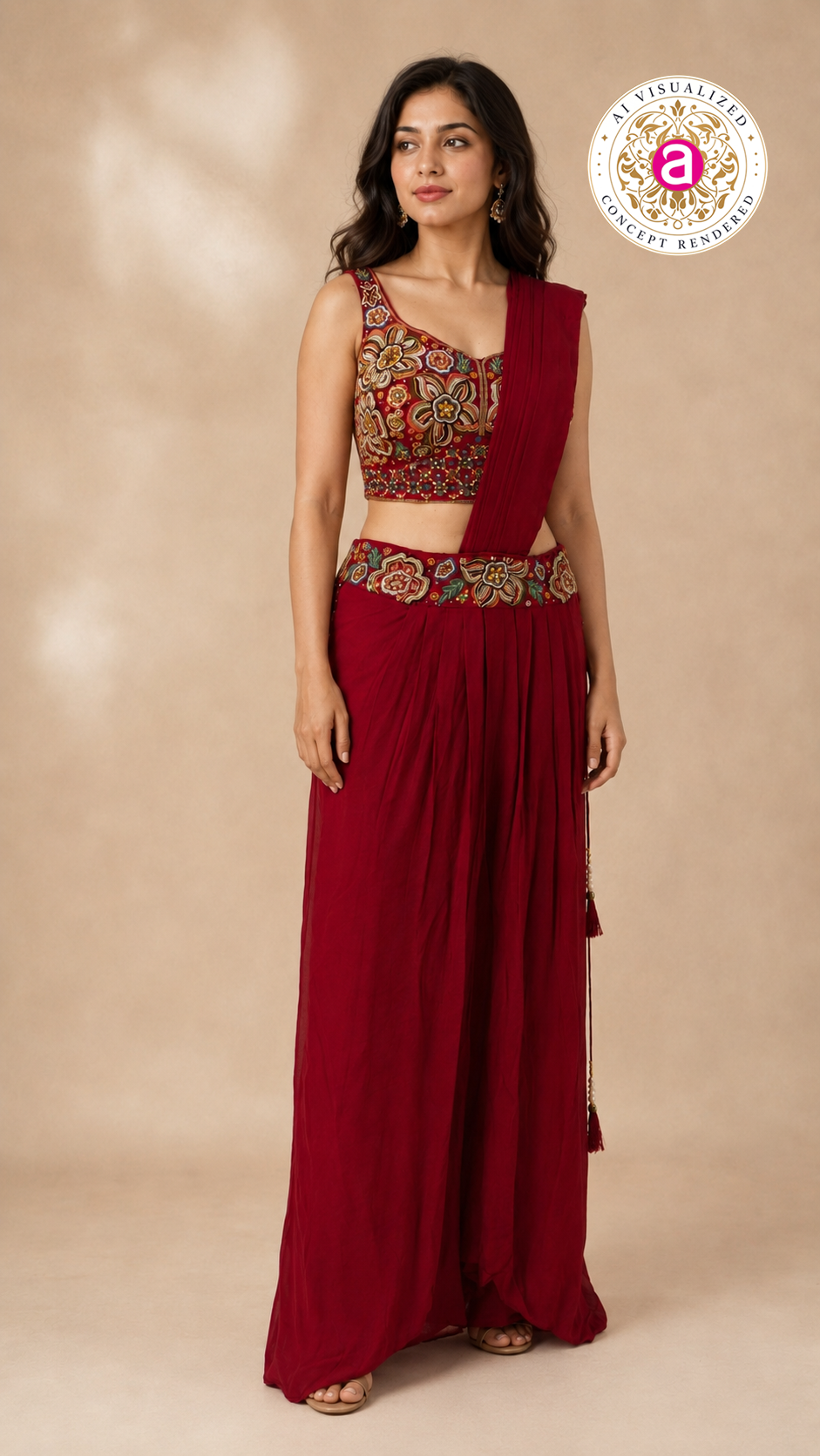 Ruby Red Embroidered Indo-Western Draped Saree Set