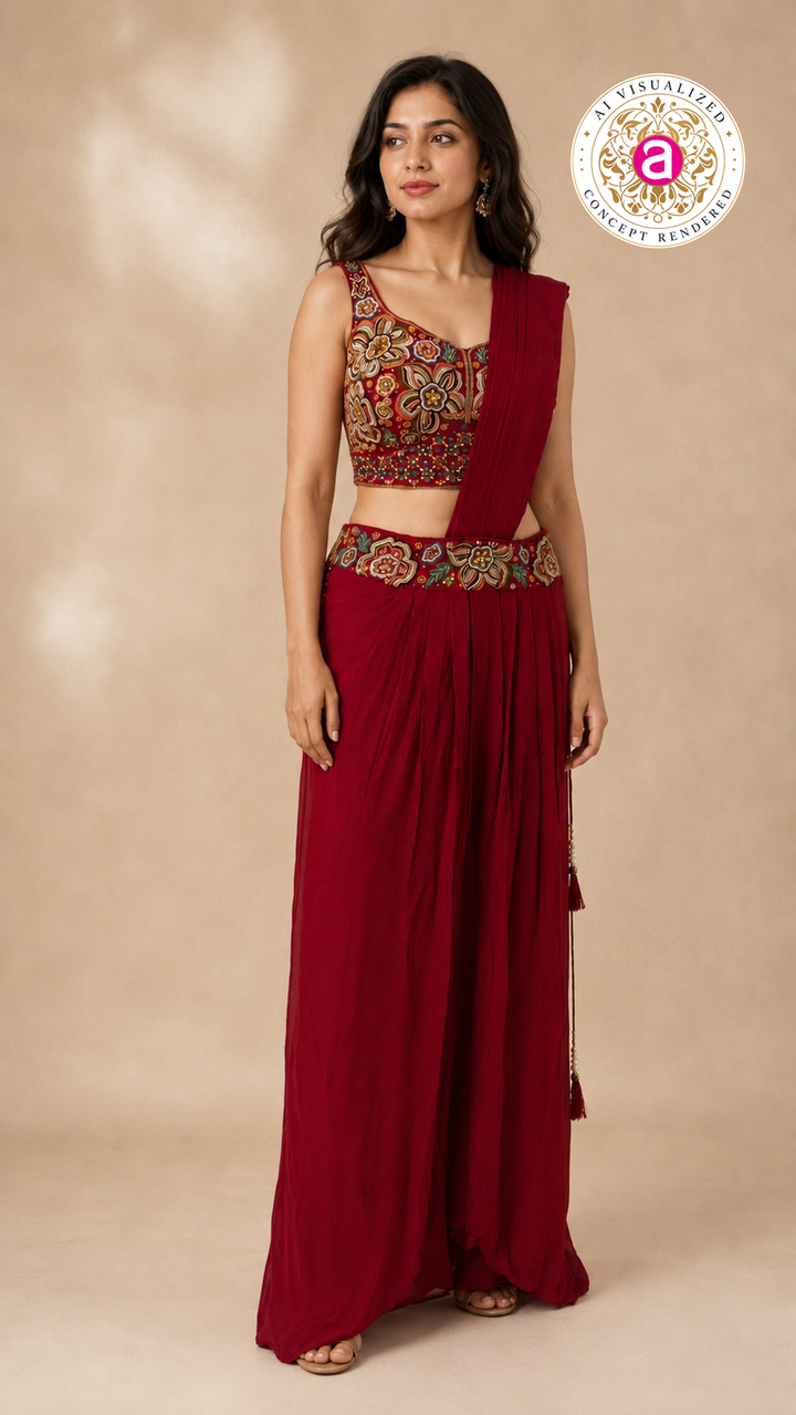 Ruby Red Embroidered Indo-Western Draped Saree Set