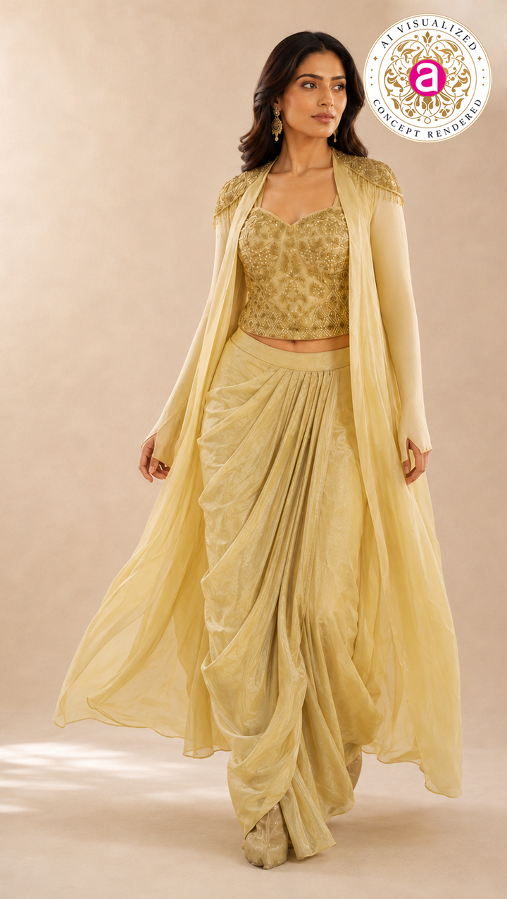 Champagne Gold Draped Saree Gown with Embellished Cape Jacket