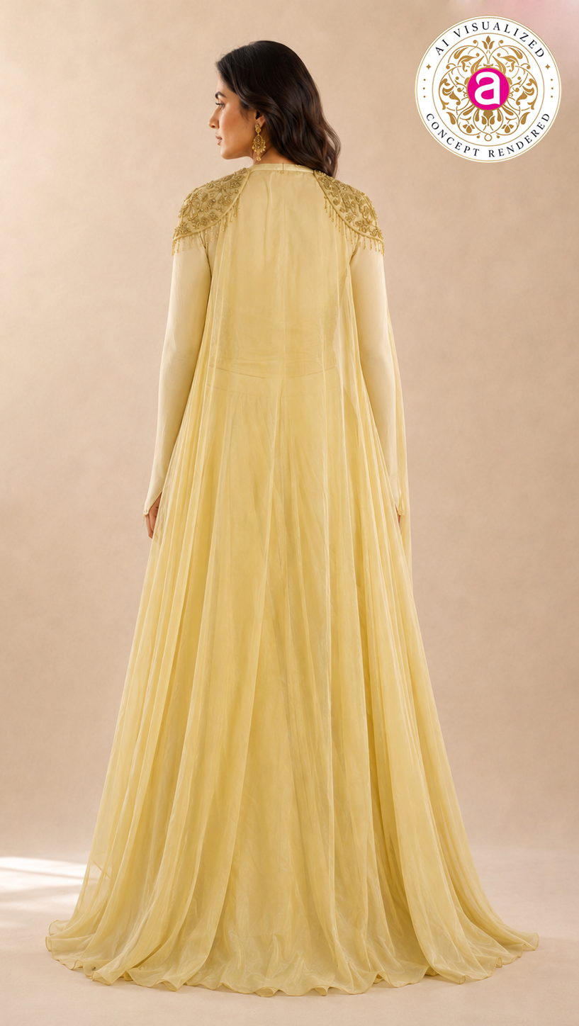 Champagne Gold Draped Saree Gown with Embellished Cape Jacket