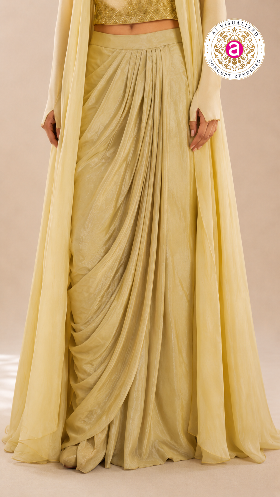 Champagne Gold Draped Saree Gown with Embellished Cape Jacket