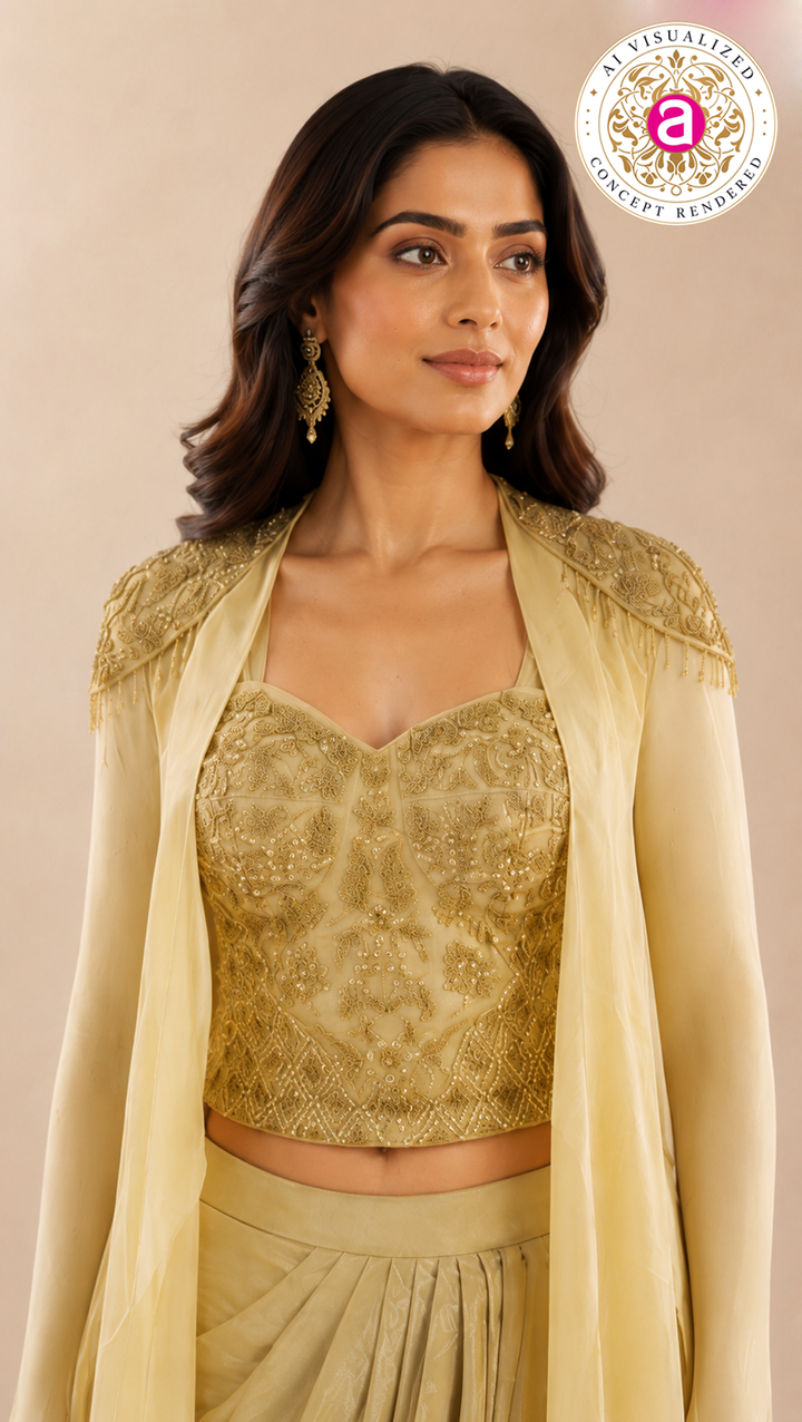 Champagne Gold Draped Saree Gown with Embellished Cape Jacket