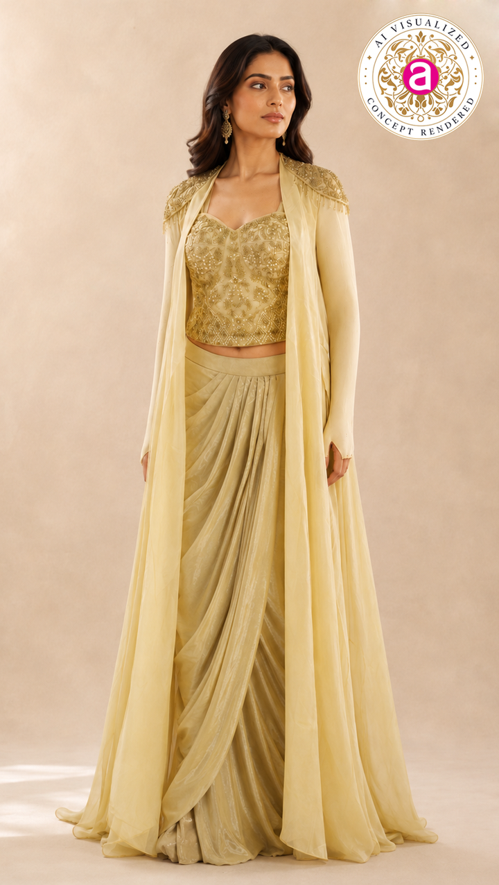 Champagne Gold Draped Saree Gown with Embellished Cape Jacket