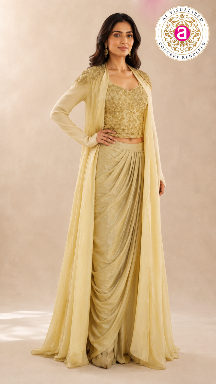Champagne Gold Draped Saree Gown with Embellished Cape Jacket