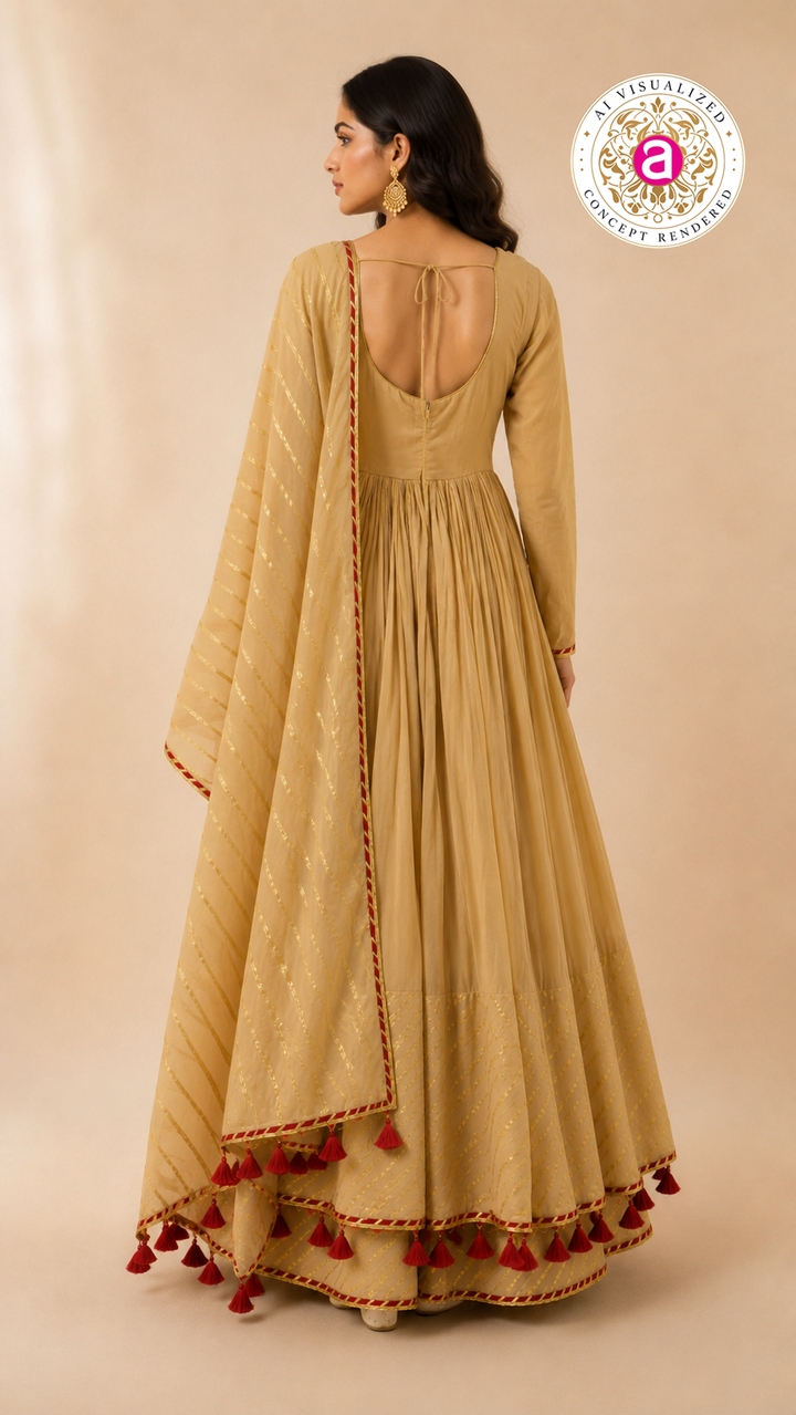 Beige Embroidered Anarkali Suit Set with Tassel Dupatta