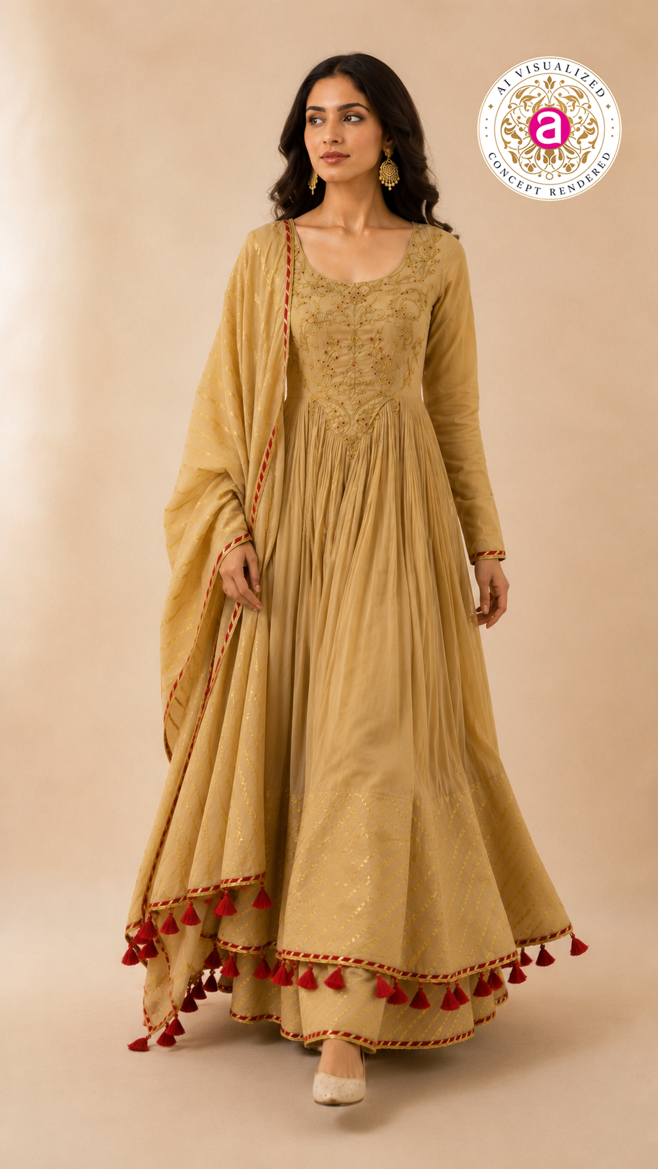 Beige Embroidered Anarkali Suit Set with Tassel Dupatta