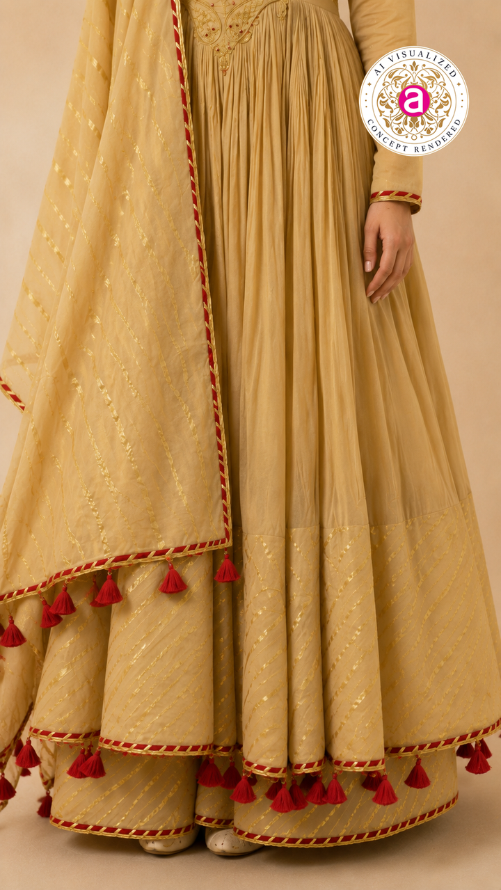 Beige Embroidered Anarkali Suit Set with Tassel Dupatta