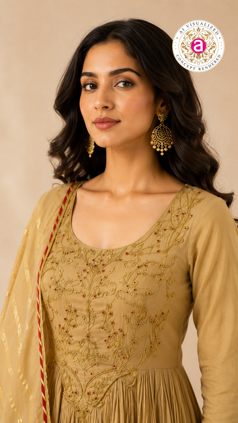 Beige Embroidered Anarkali Suit Set with Tassel Dupatta  AMRUT