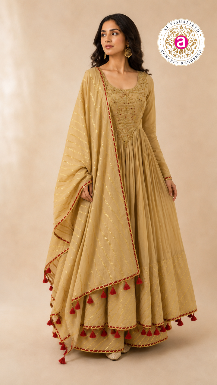 Beige Embroidered Anarkali Suit Set with Tassel Dupatta