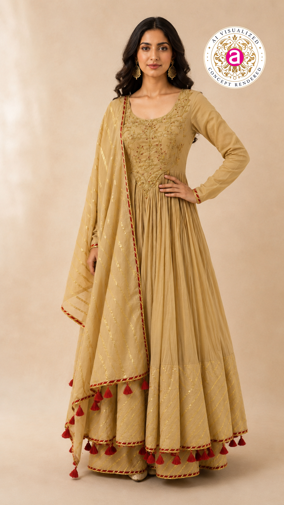 Beige Embroidered Anarkali Suit Set with Tassel Dupatta