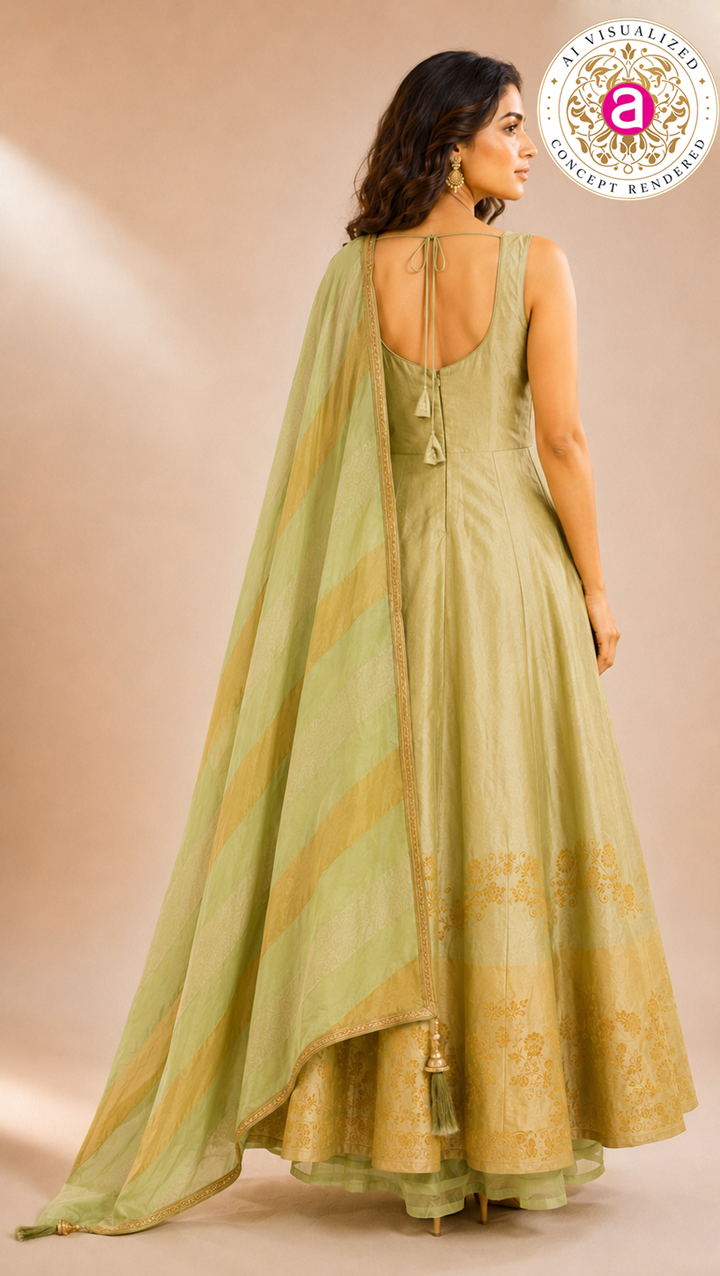 Pastel Pistachio Green Anarkali Set with Woven Dupatta