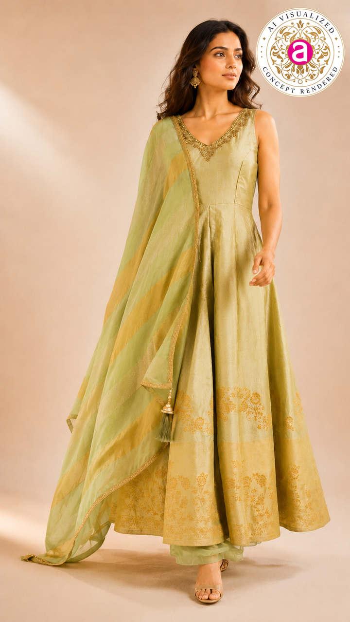 Pastel Pistachio Green Anarkali Set with Woven Dupatta