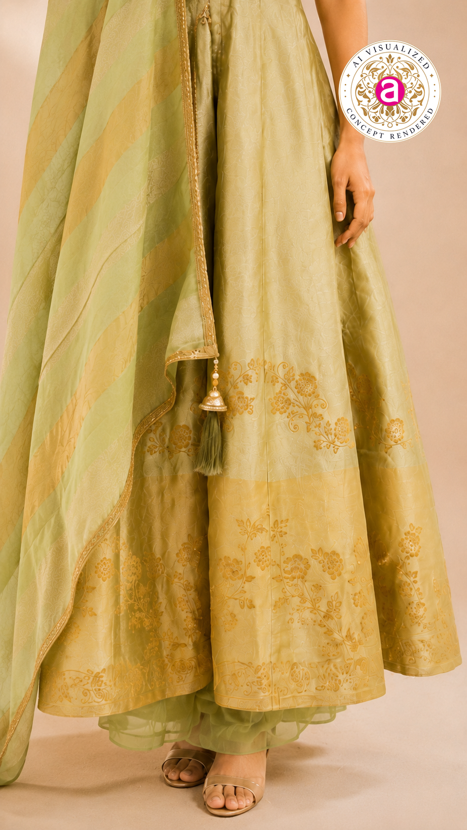 Pastel Pistachio Green Anarkali Set with Woven Dupatta