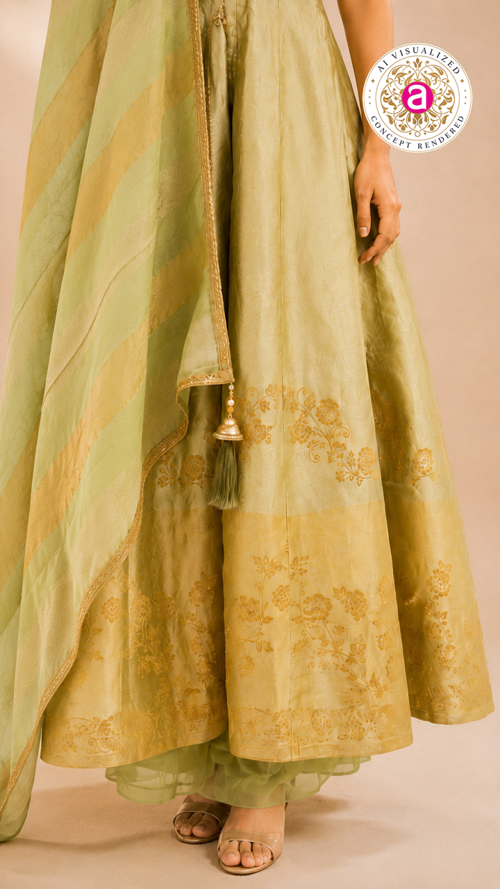 Pastel Pistachio Green Anarkali Set with Woven Dupatta
