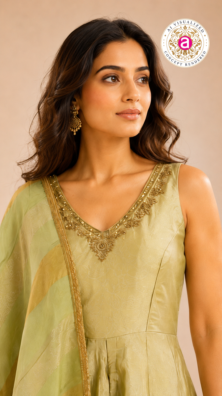 Pastel Pistachio Green Anarkali Set with Woven Dupatta