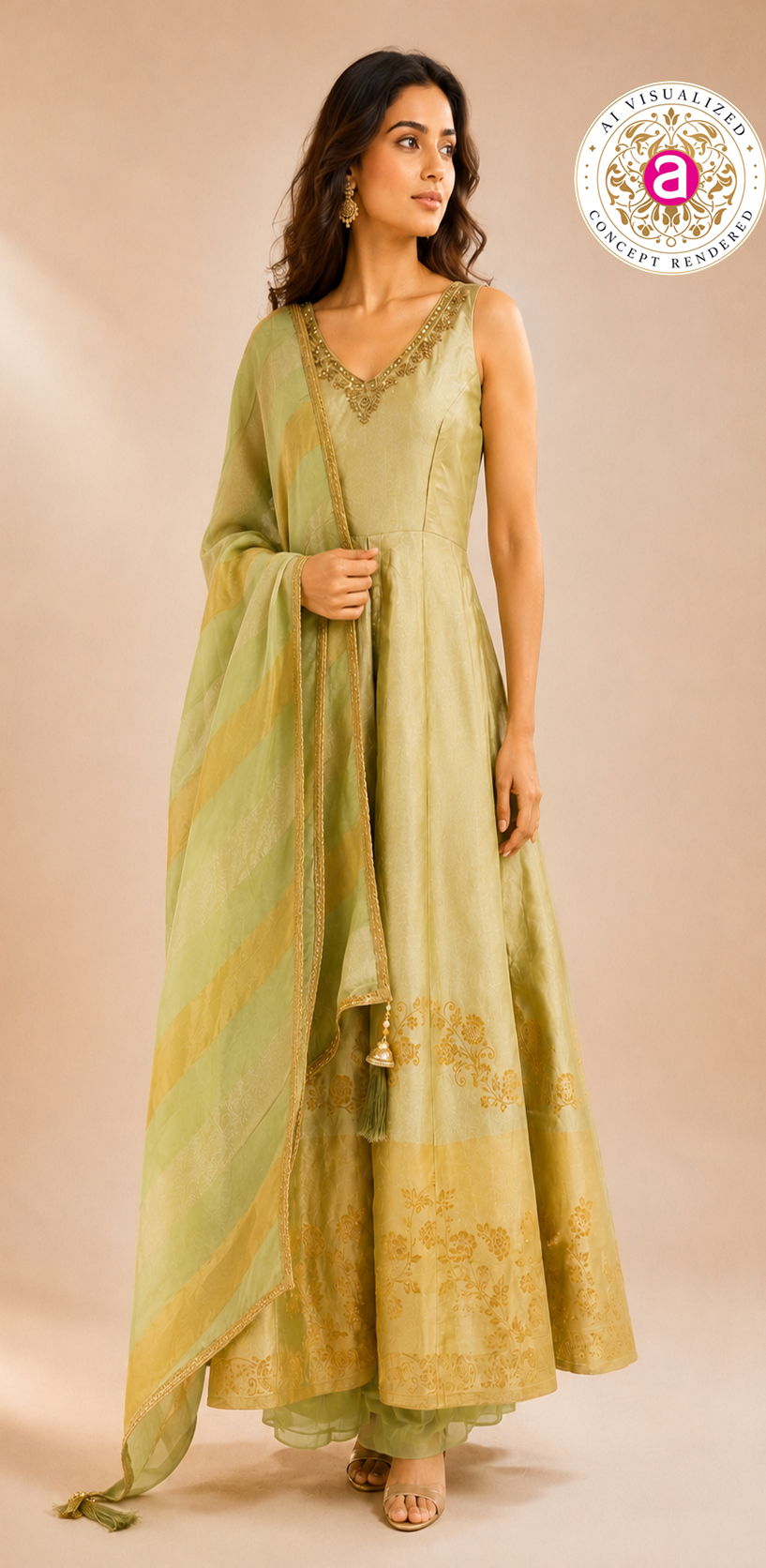 Pastel Pistachio Green Anarkali Set with Woven Dupatta