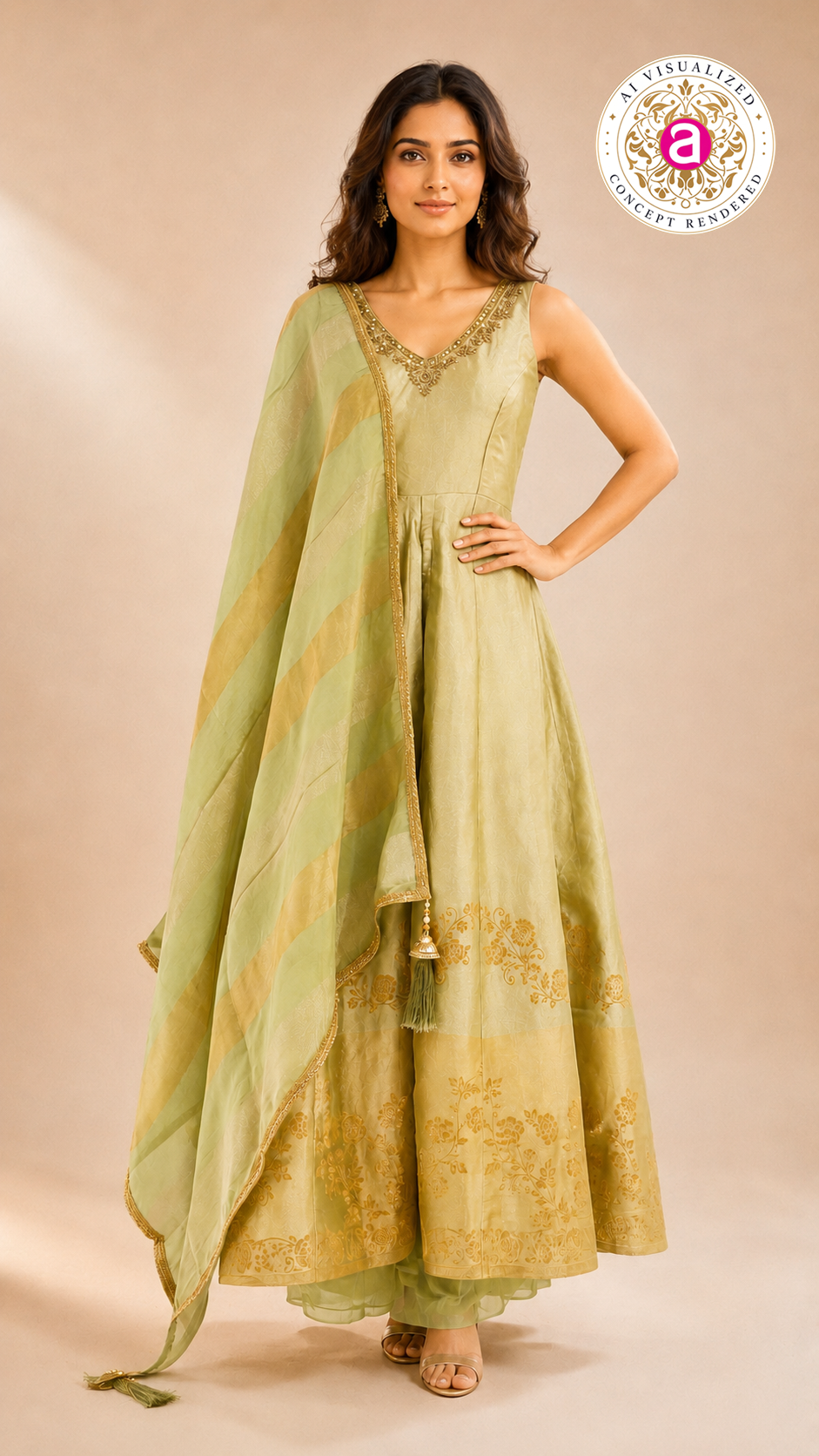 Pastel Pistachio Green Anarkali Set with Woven Dupatta AMRUT Pastel Pistachio Green Anarkali Set with Woven Dupatta AMRUT