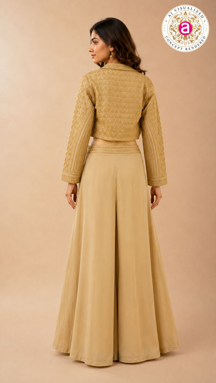 Champagne Gold Embellished Crop Top with Jacket & Palazzo Set