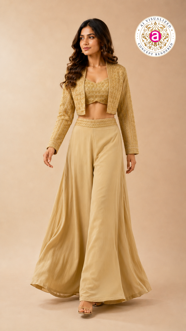 Champagne Gold Embellished Crop Top with Jacket & Palazzo Set