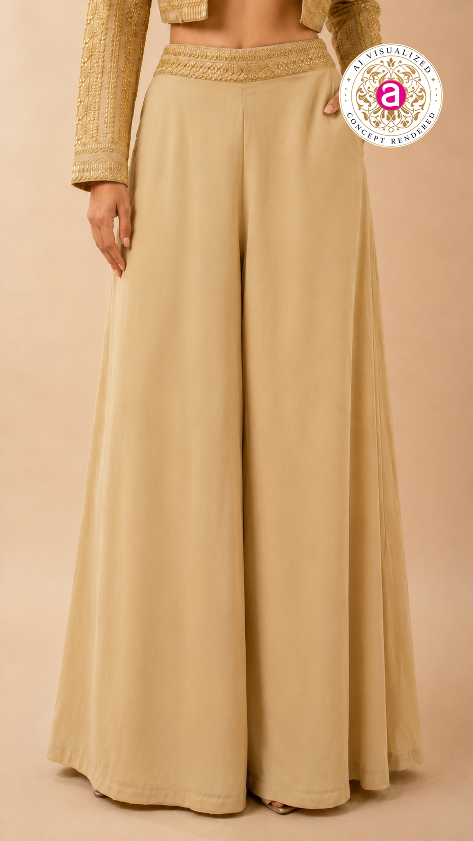 Champagne Gold Embellished Crop Top with Jacket & Palazzo Set