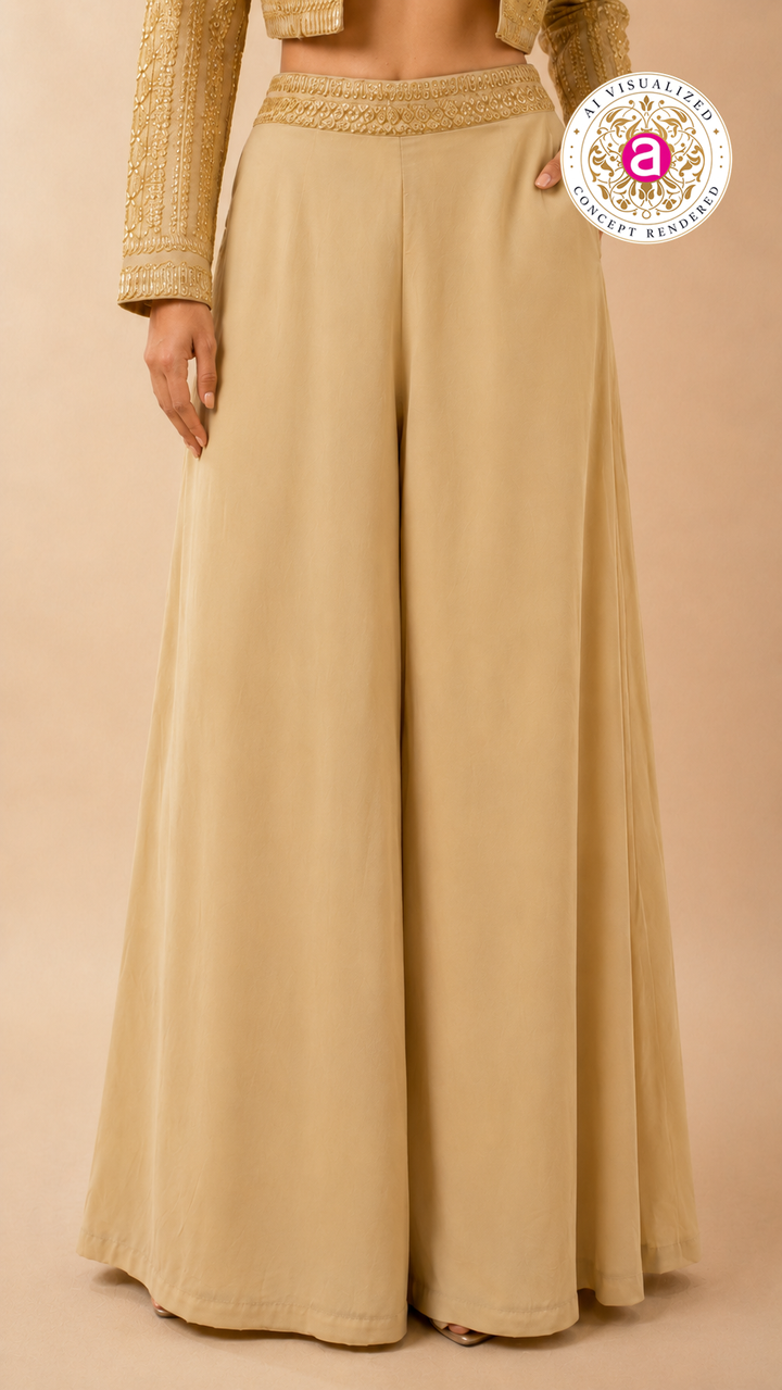 Champagne Gold Embellished Crop Top with Jacket & Palazzo Set