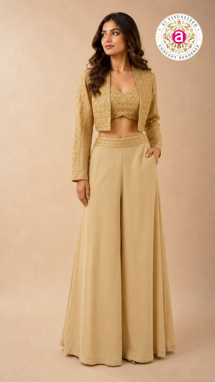 Champagne Gold Embellished Crop Top with Jacket & Palazzo Set