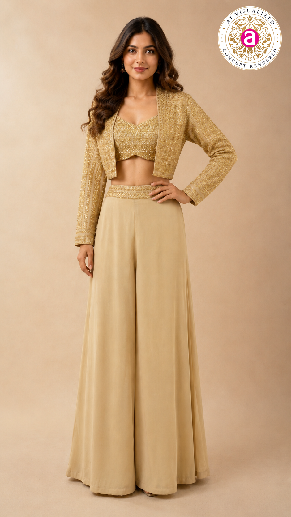 Champagne Gold Embellished Crop Top with Jacket & Palazzo Set