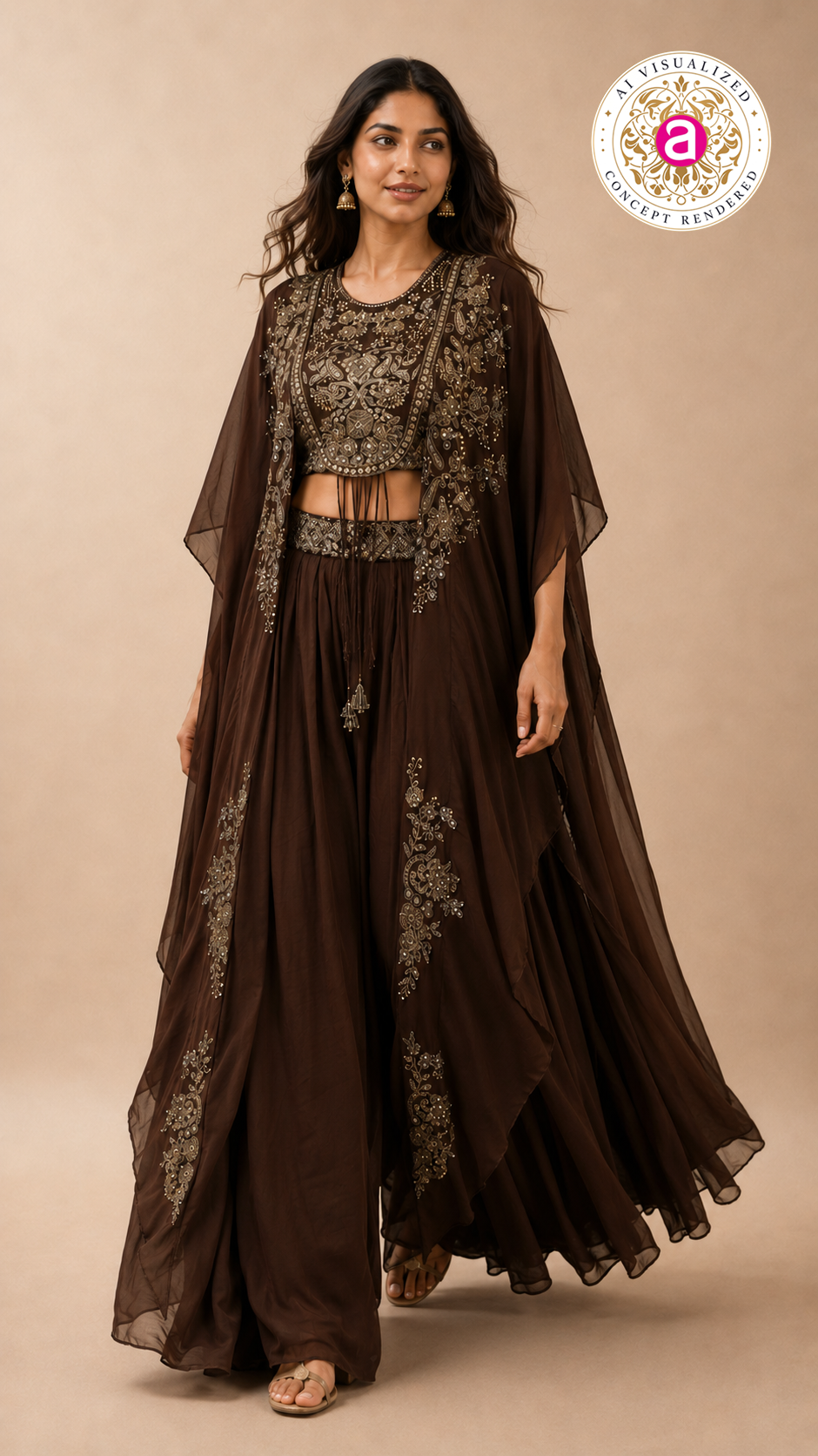 Espresso Brown Embellished Cape Sharara Set