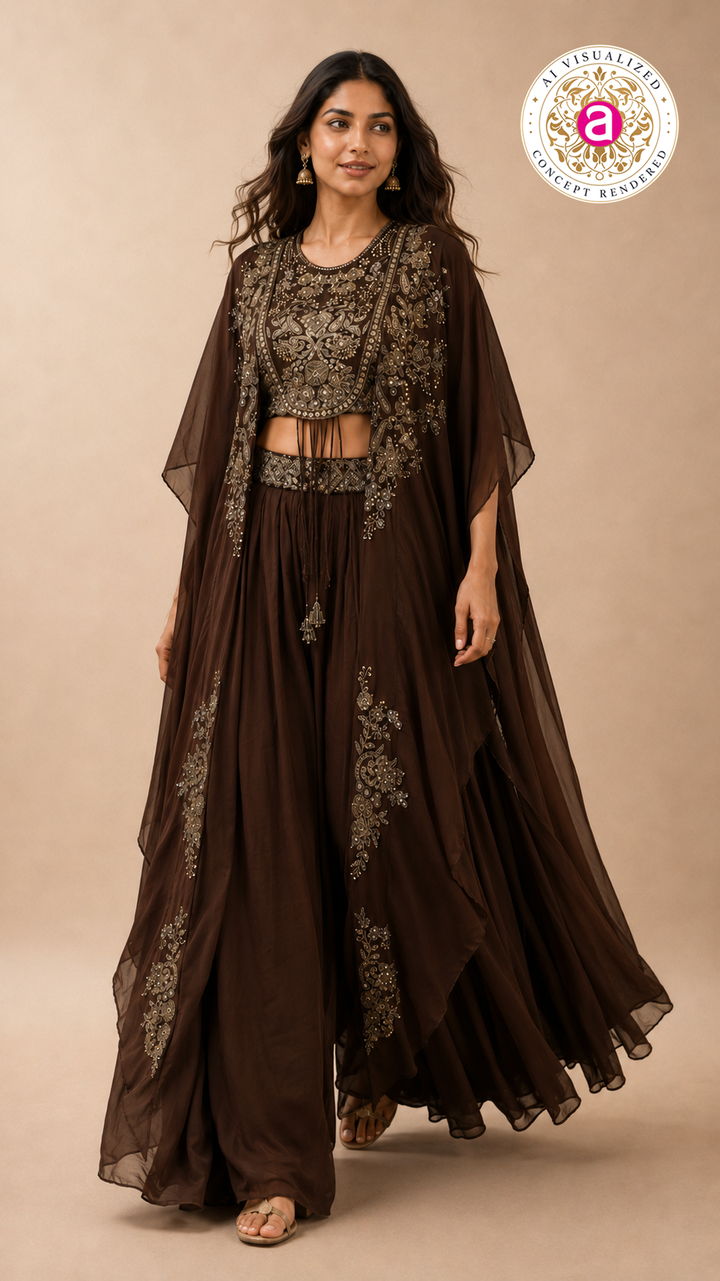 Espresso Brown Embellished Cape Sharara Set