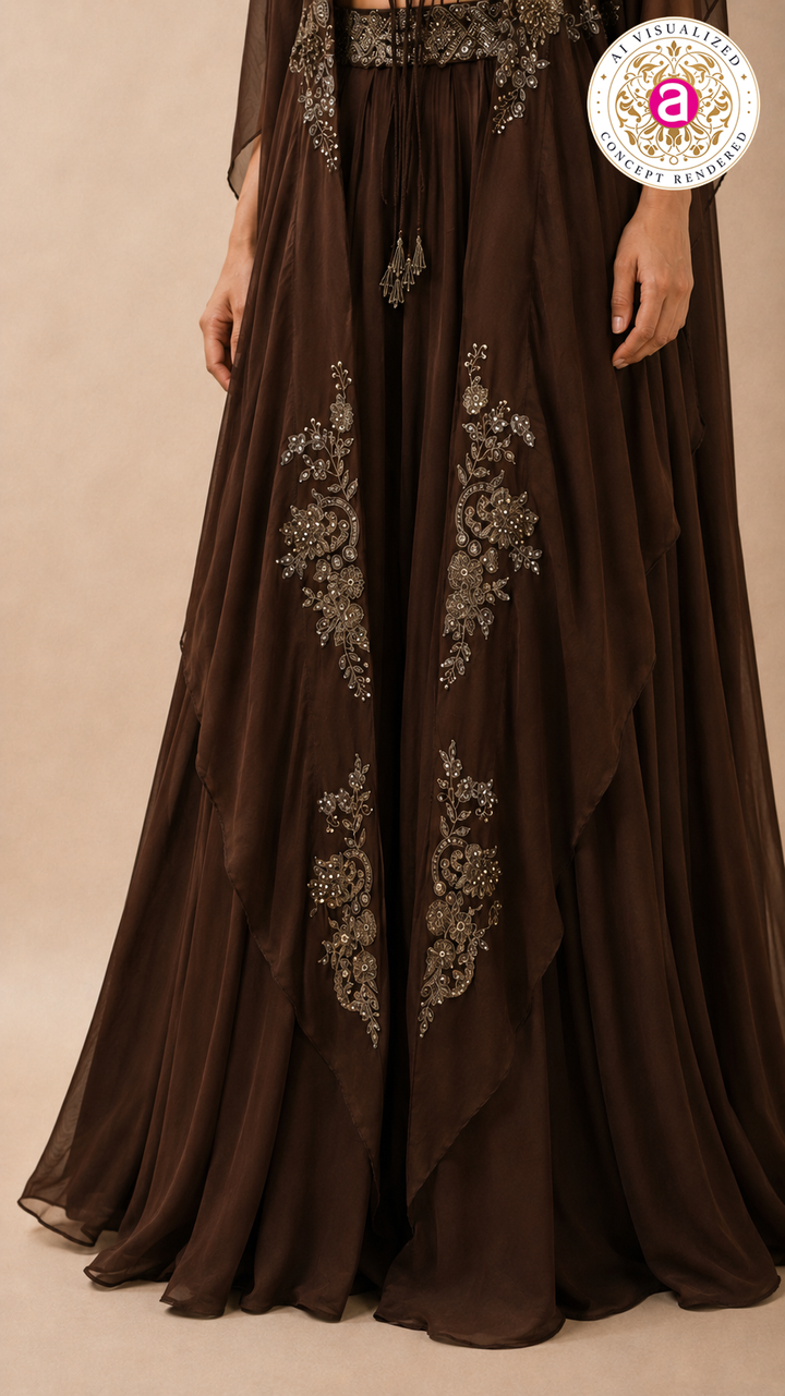 Espresso Brown Embellished Cape Sharara Set