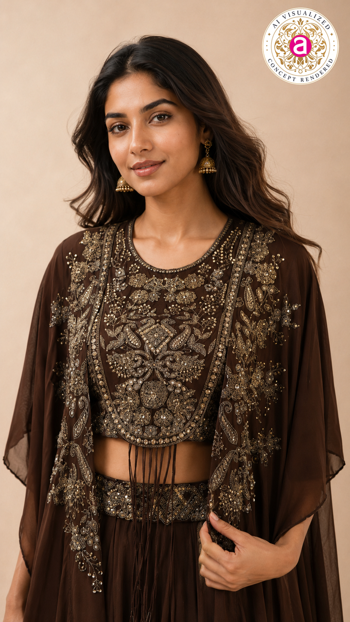 Espresso Brown Embellished Cape Sharara Set