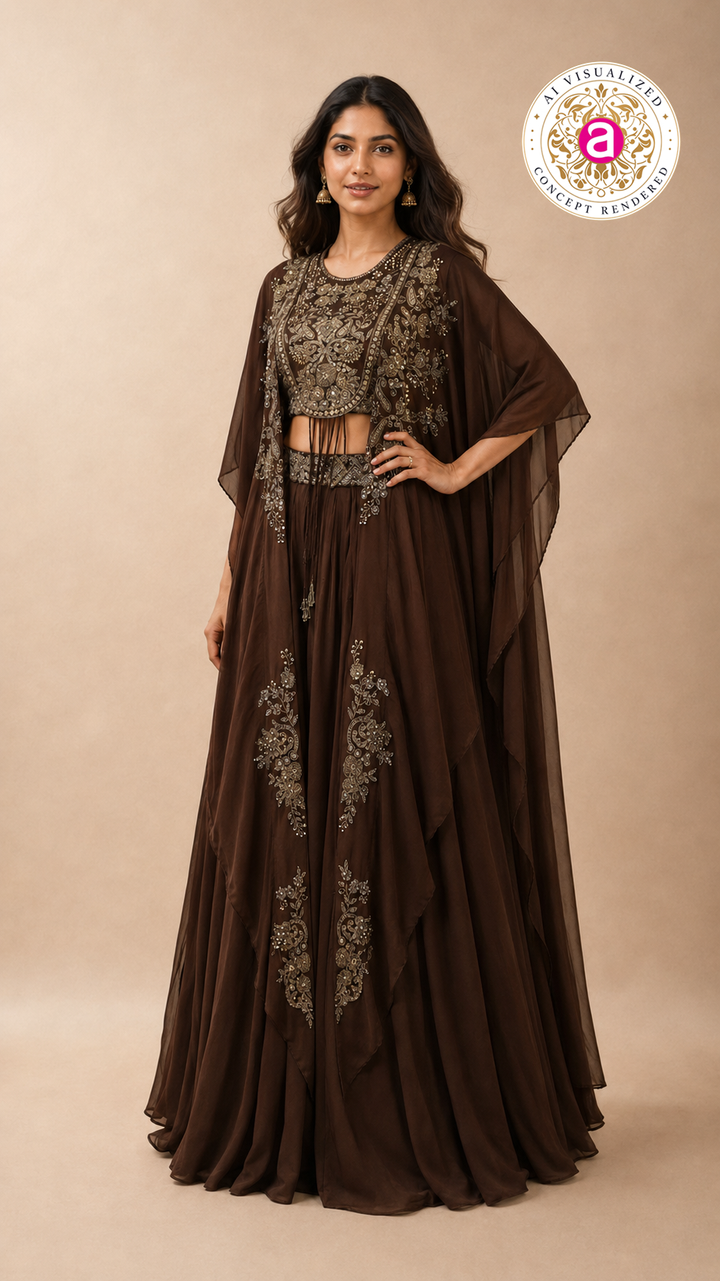 Espresso Brown Embellished Cape Sharara Set