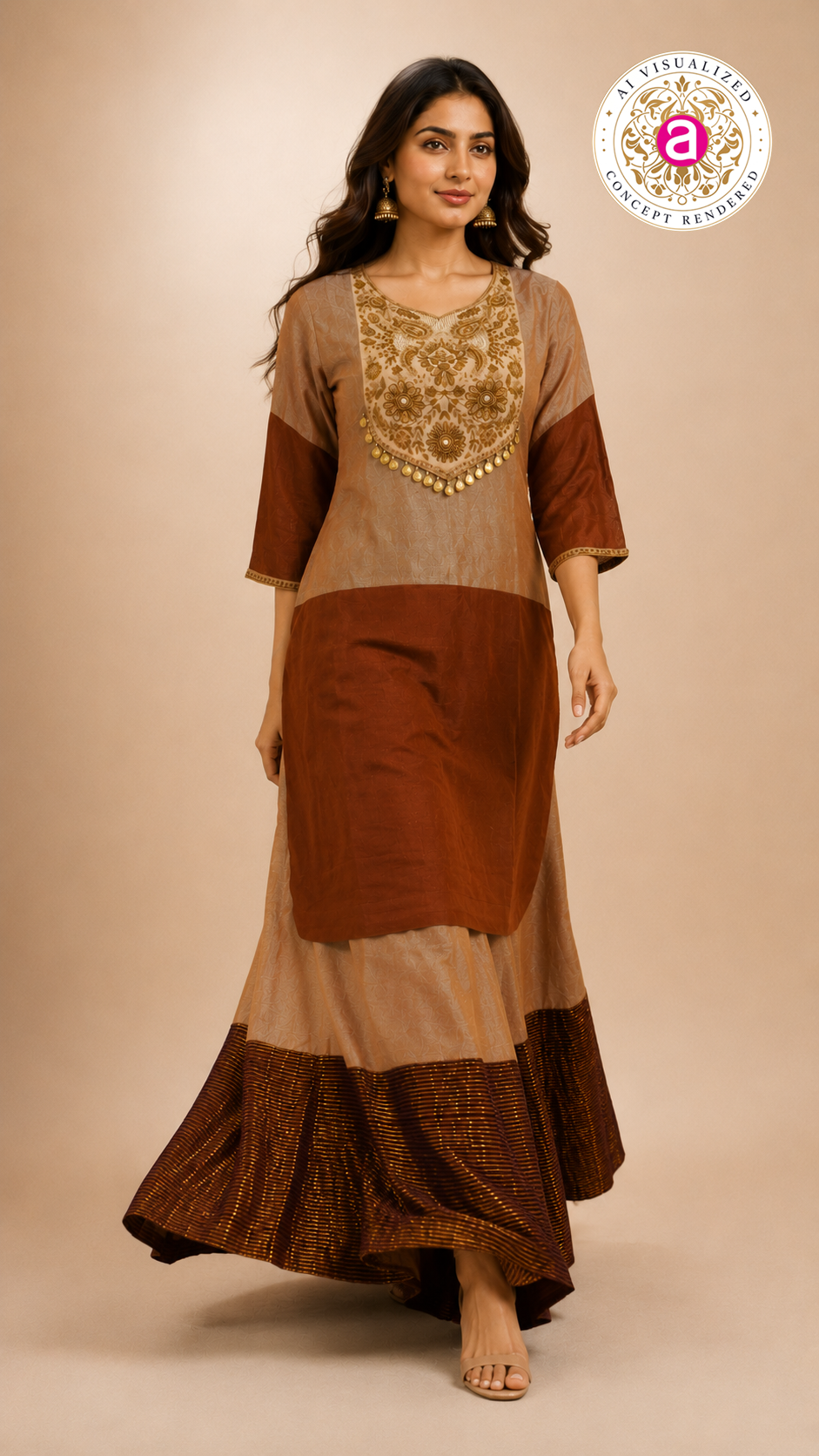 Rust Brown Colourblock Kurta with Striped Palazzo Set