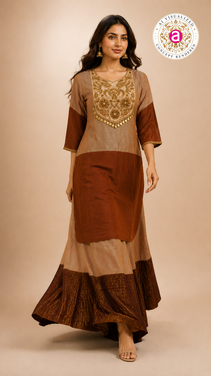 Rust Brown Colourblock Kurta with Striped Palazzo Set
