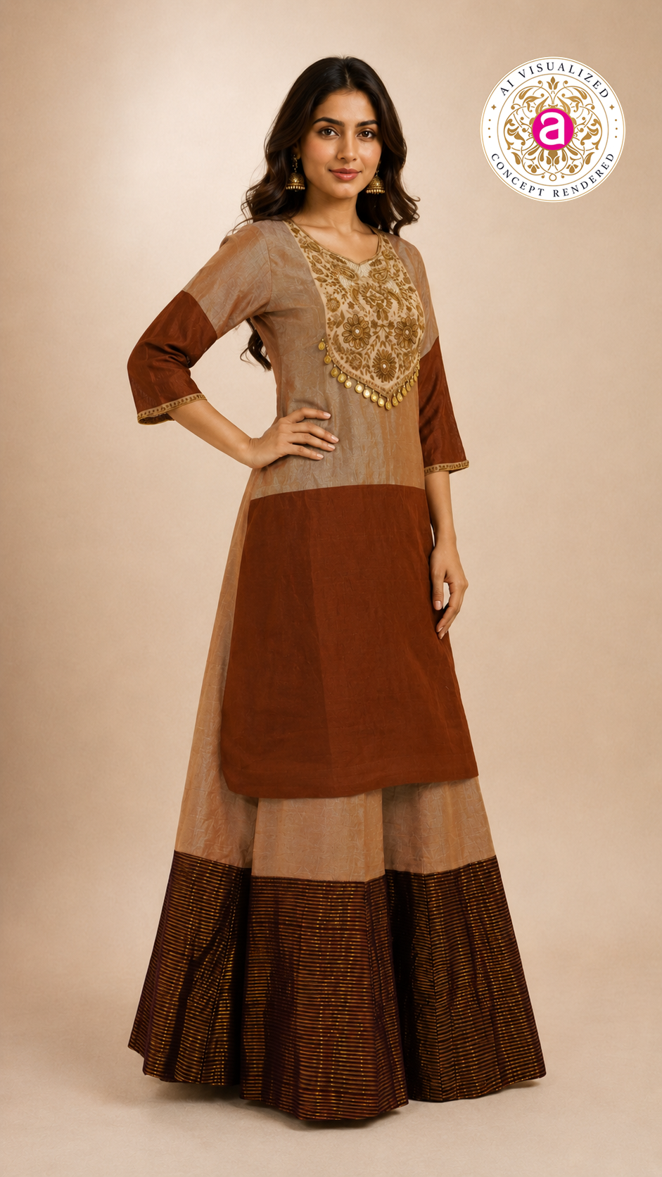 Rust Brown Colourblock Kurta with Striped Palazzo Set