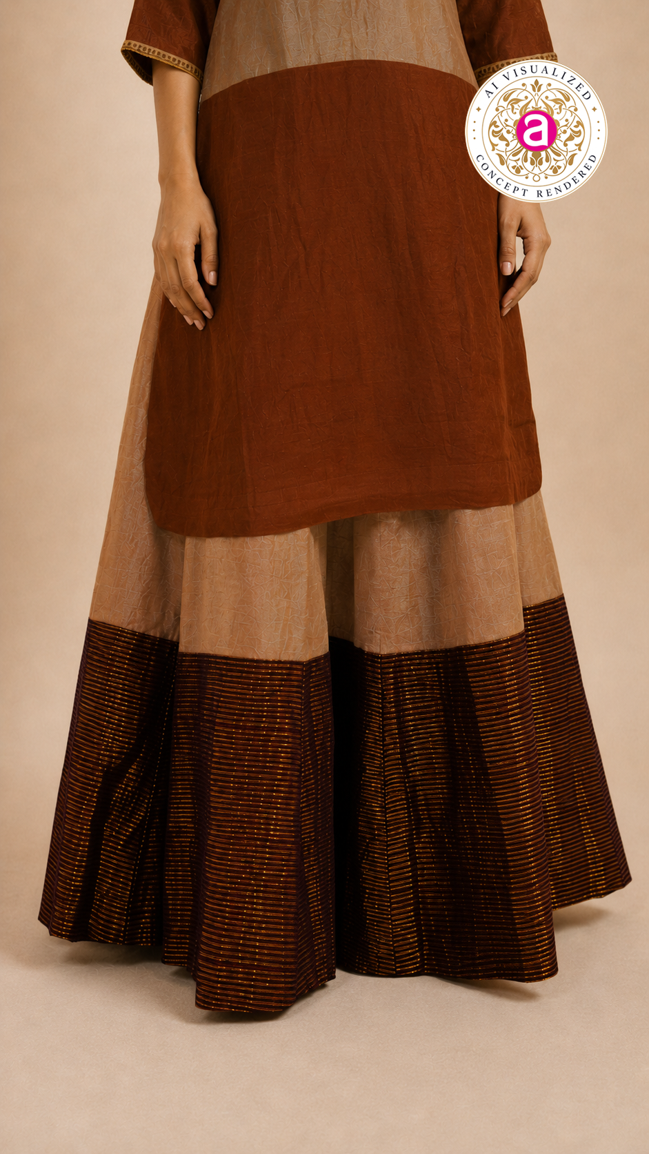 Rust Brown Colourblock Kurta with Striped Palazzo Set