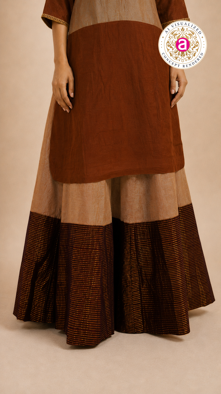 Rust Brown Colourblock Kurta with Striped Palazzo Set