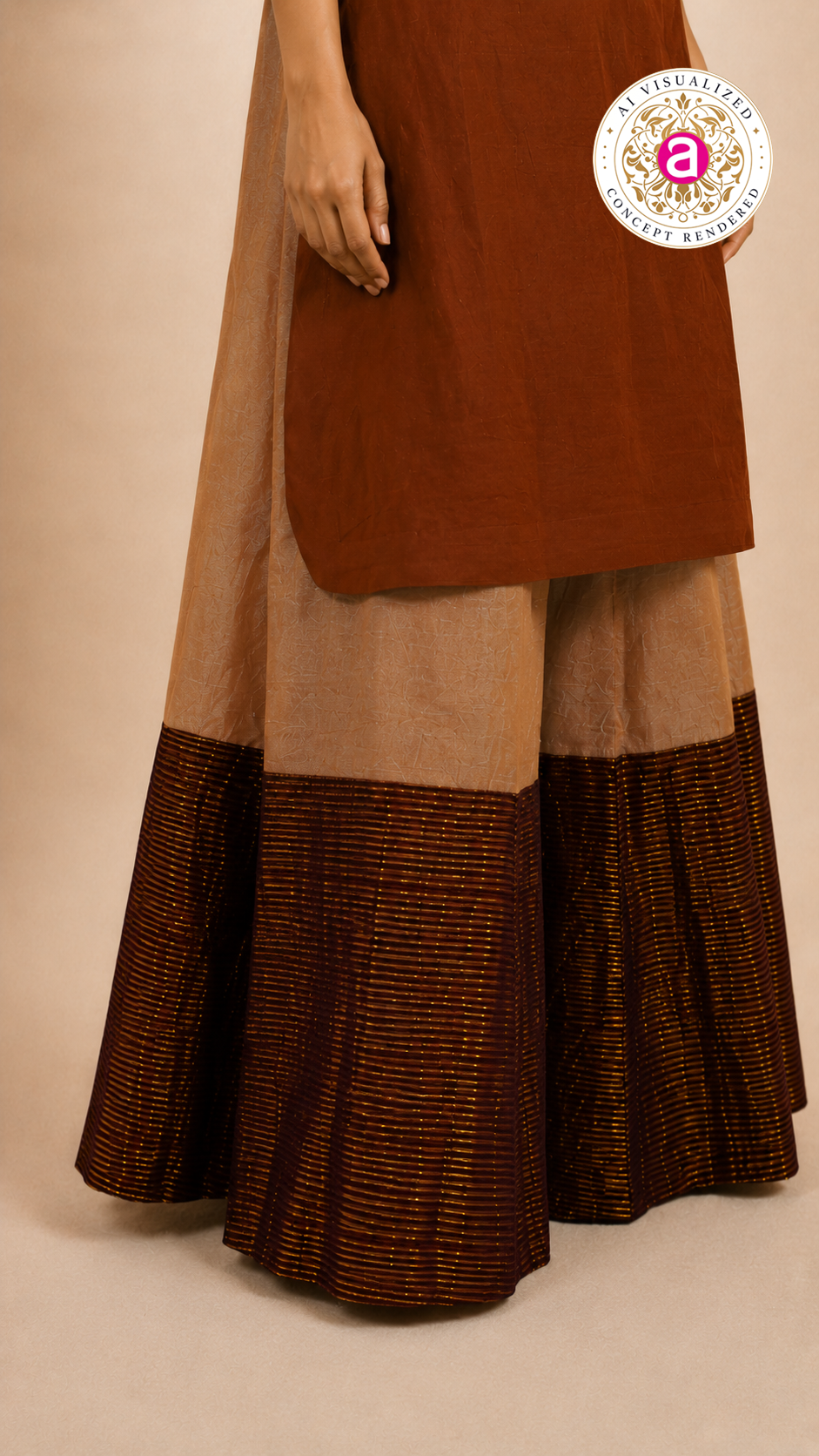 Rust Brown Colourblock Kurta with Striped Palazzo Set