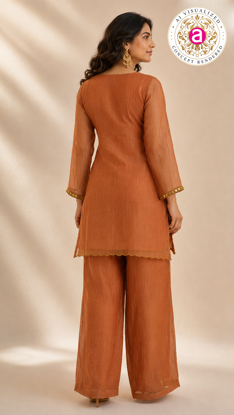 Rust Orange Mirror Work Kurta Palazzo Set
